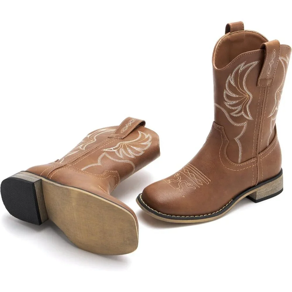 ⚡Girls Brown Embroidered Cowgirl Boots Western Square Toe Mid Calf Riding Shoes